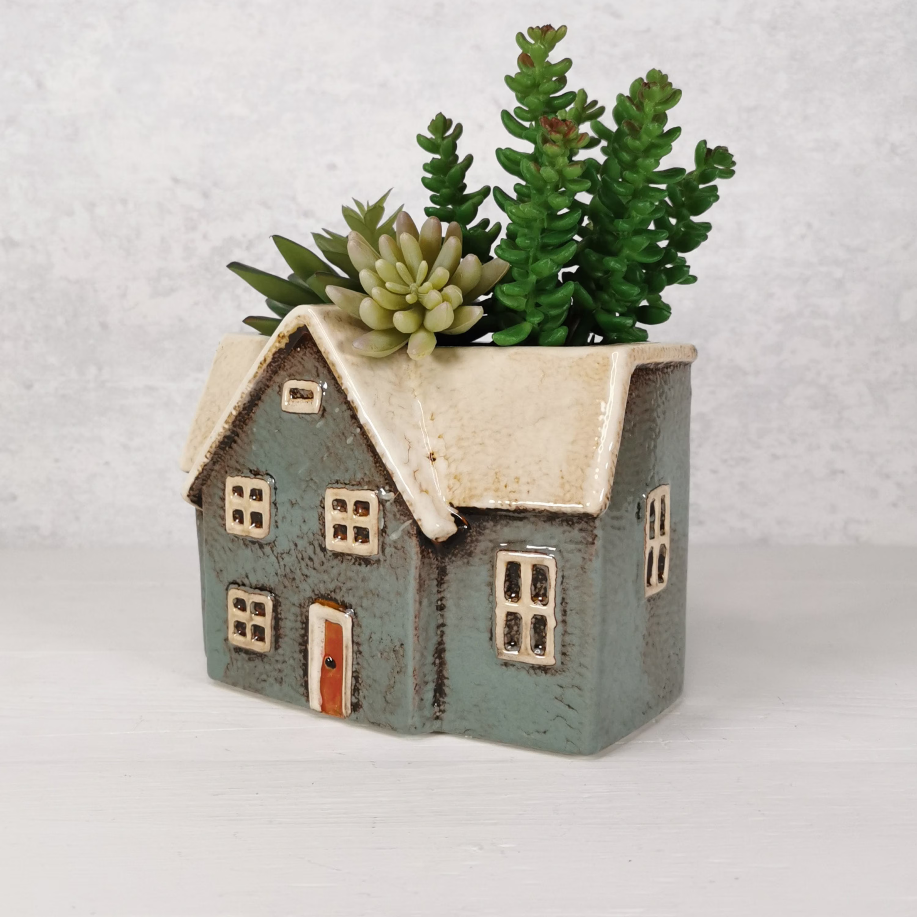 Ceramic House Planter, Indoor Plant Pot, Blue Grey Cactus Succulent Planter