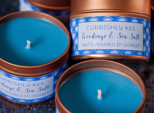 The Dorset Range - Candle in A Tin. Woodsage & Sea Salt. Soy Wax. Vegan, Hand Poured Dorset, Uk. Made With Love By Kat Busby