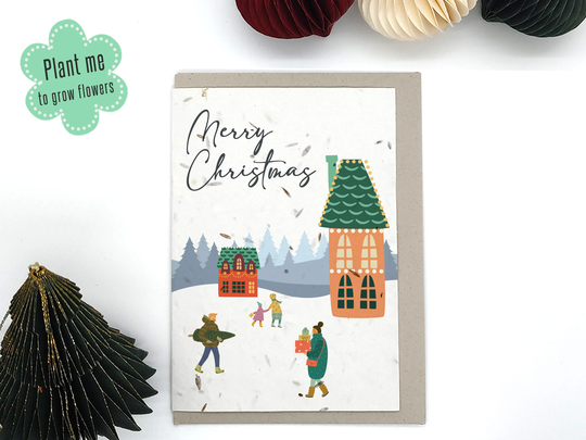 Plantable Christmas Card, Seed Paper, Eco-Friendly, Recycled, Village, Boho, Sustainable Xmas, Season's Greetings