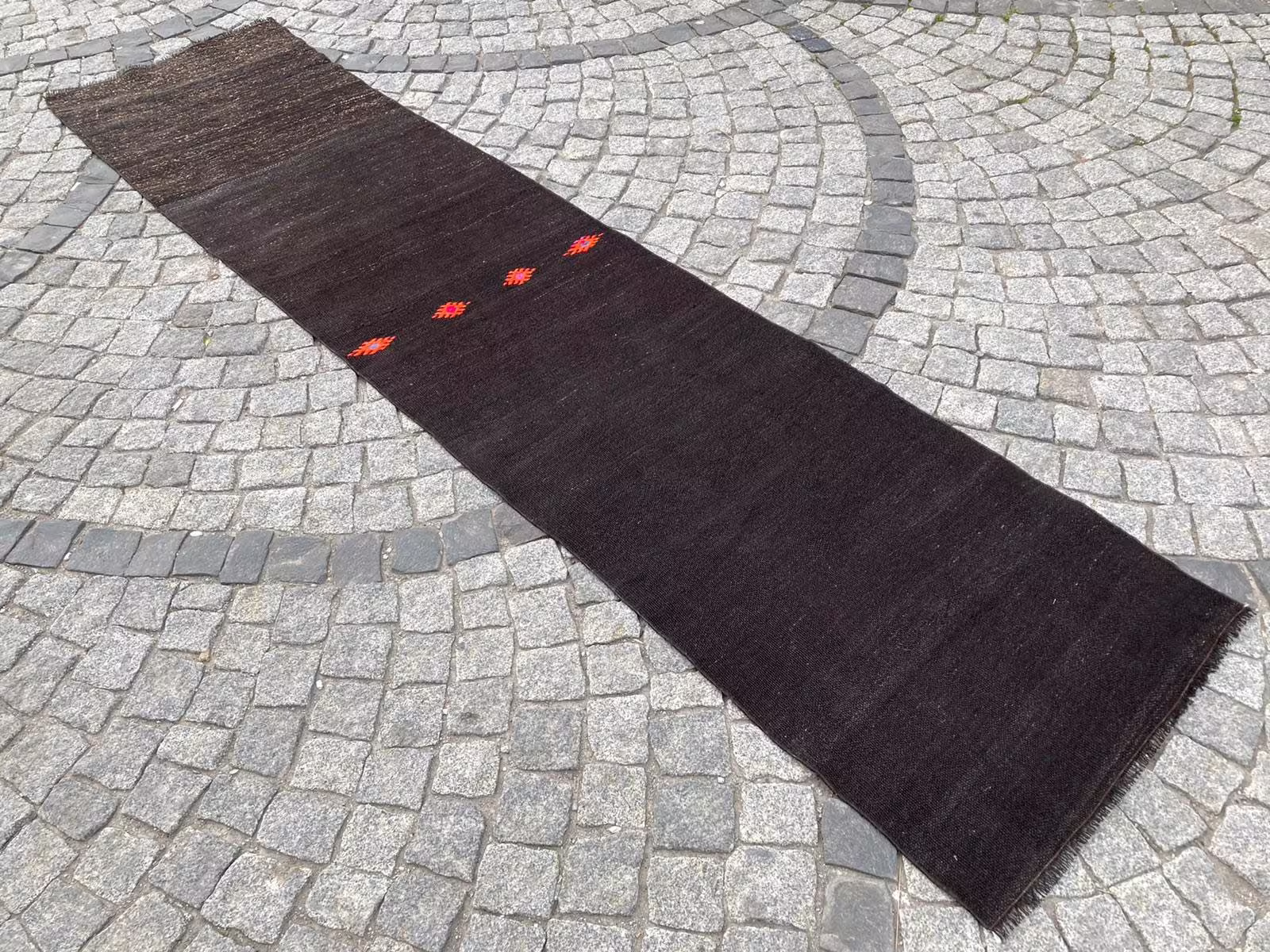 Black Organic Runner Rug, Vintage Turkish Kilim Rug, Anatolian Rug, Entry Way Rug, Mid Century Rug