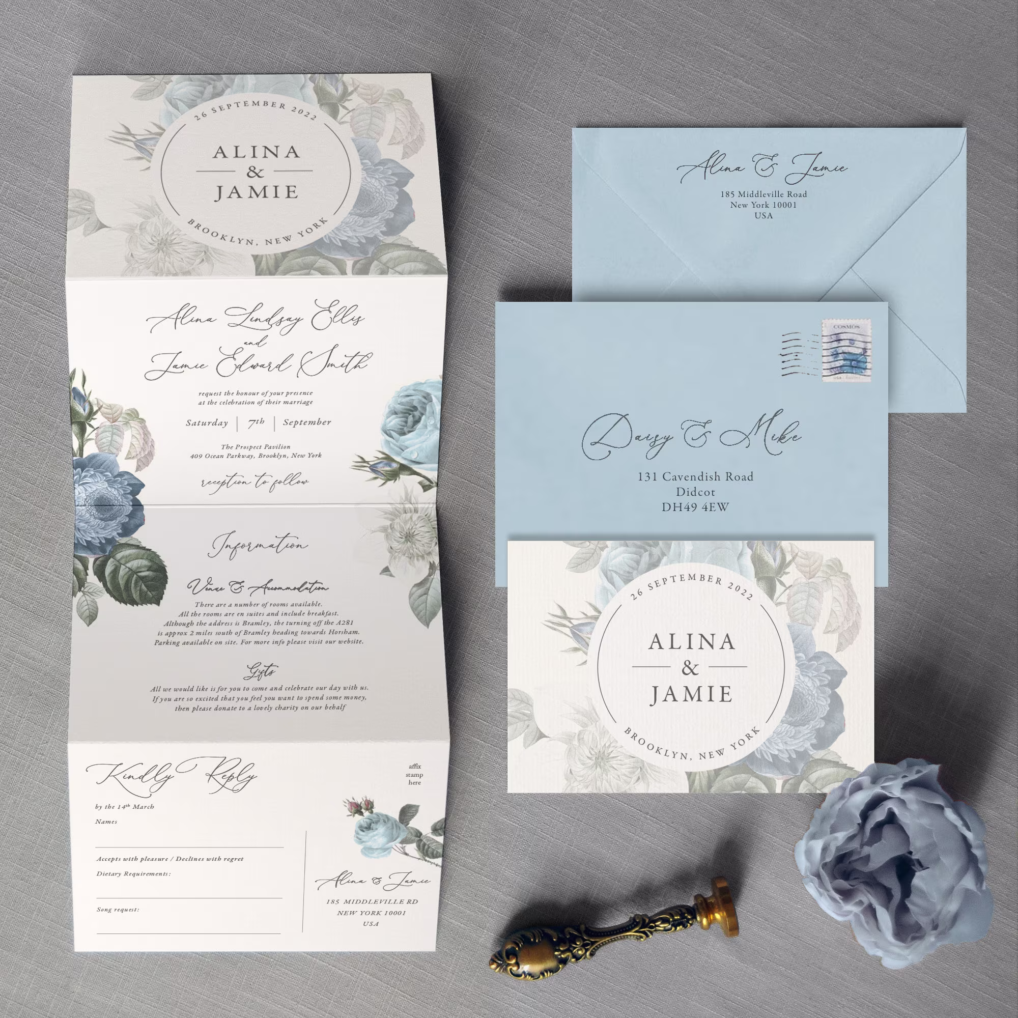 Alina - Dusty Blue, Dusky Blue, Powder Luxury Trifold Wedding Invitations & Save The Date. Rustic Floral Concertina Wedding Invites
