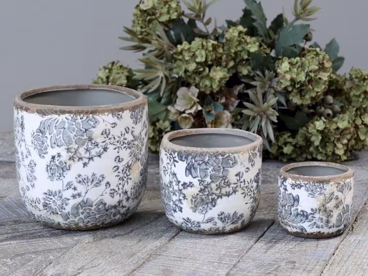 Blue White Floral Ceramic House Plant Pot Cover - Indoor Flower Succulent Planter French Vintage Style Melun Opal