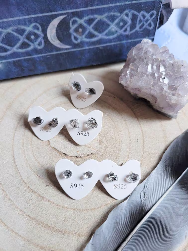 Herkimer Diamond Stud Earrings Salt & Pepper Crystal Natural Stone