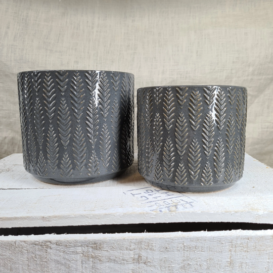 Grey Glazed Embossed Fern Leaf Planter