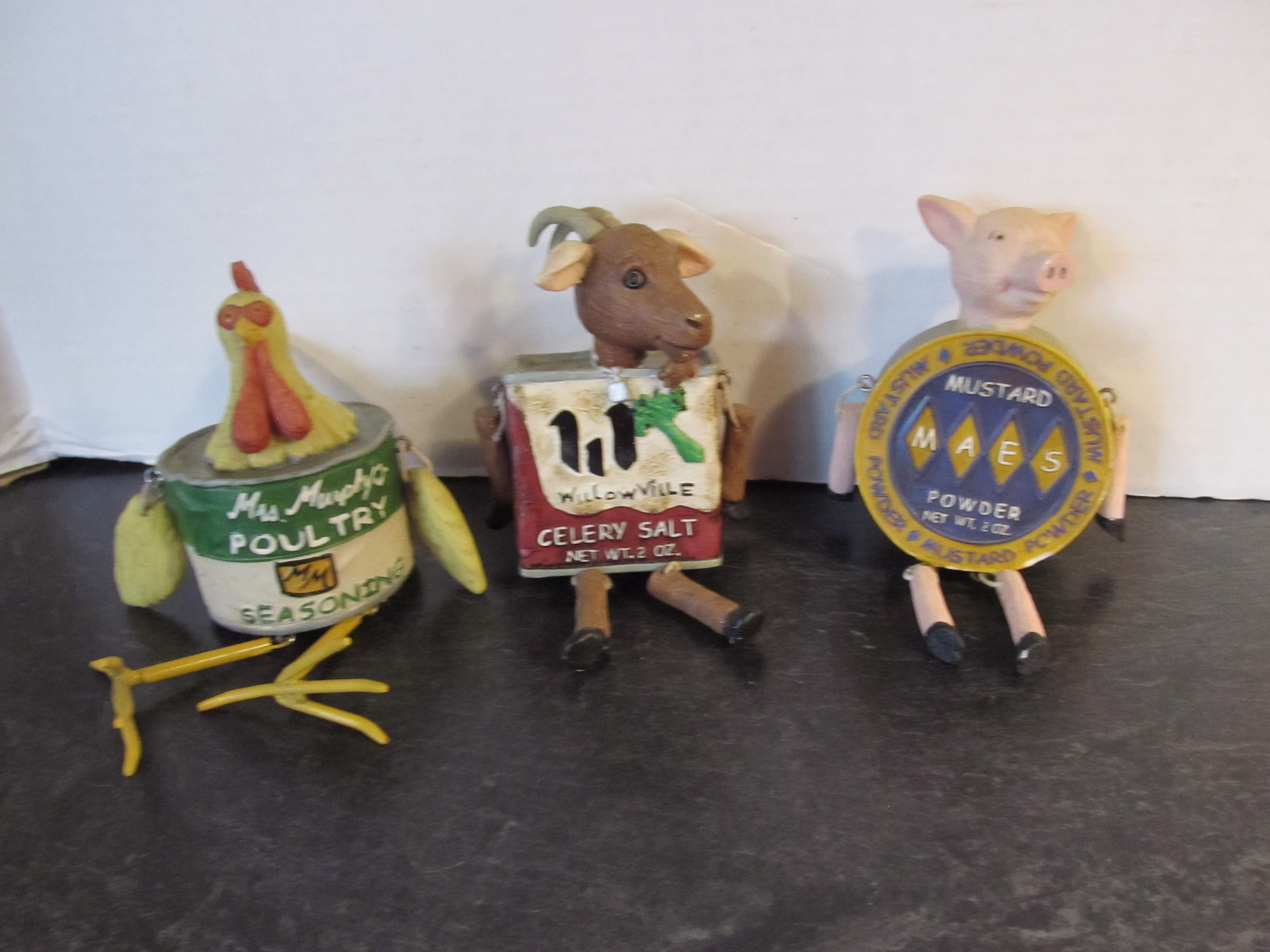 Vintage Wmg Resin Shelf Sitters - Chicken Poultry Can Goat Spice Piggy Mustard Powder Anamorphic Figural Animals Farmhouse Decor