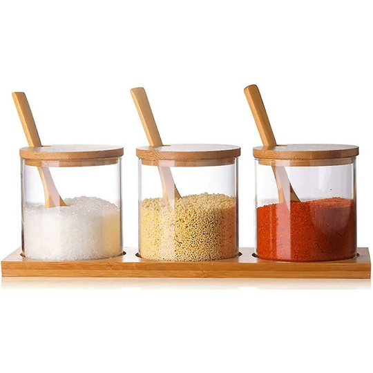 Condiment Container Seasoning Box Set Glass Condiment Canisters Pots With Wooden Spoon Lid And Base