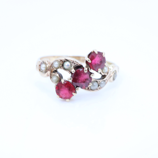 Victorian Rubellite Seed Pearl Ring 10K Gold Size 5.25