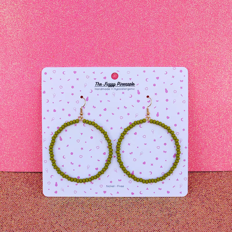 Olive Green Seed Bead Hoop Earrings By The Fuzzy Pineapple Earthy Dangle Bohemian Bright Light Kelp Boho Glass Beaded