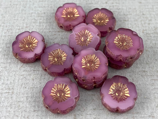 Opal Pink Czech Glass Table Cut Flower Beads, Metallic Bronze Wash - 12mm 6 Or 12 Pcs Fb734-B274