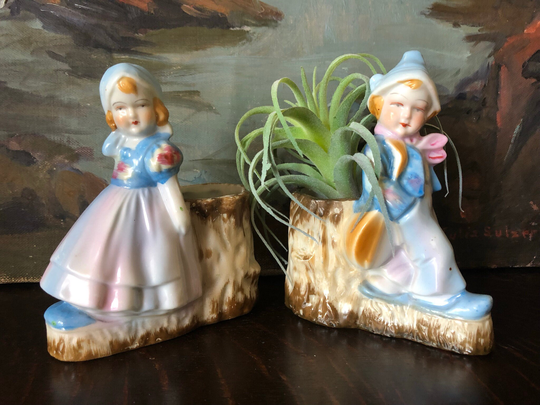 Vintage German Boy & Girl Planters Dutch & Victorian Children Air Plant Holders Figural
