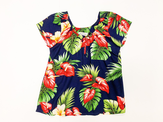 Women's Rayon Empire Peasant Blouse, Made in Hawaii, Hibiscus & Anthurium