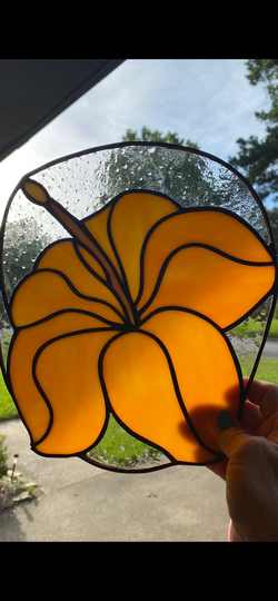 Flower Yellow Hibiscus Stained Glass Original Design Sun Catcher