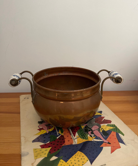 French Vintage Copper & Brass Planter With Blue White Decorative Floral Porcelain Handles