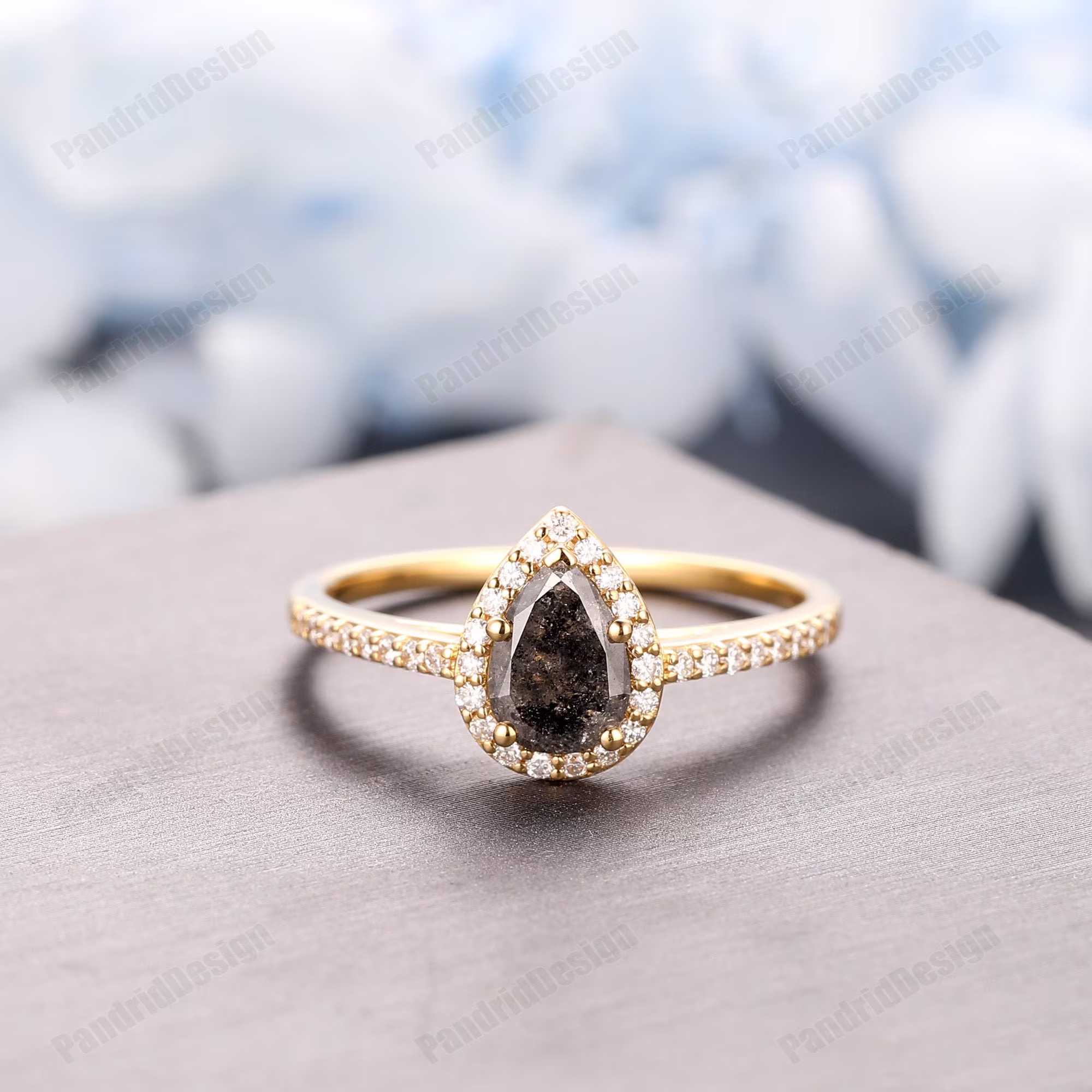 Teardrop Shaped Pear Salt & Pepper Diamond Anniversary Gift Ring, Natural Black Engagement Wedding Ring, Salt & Ring