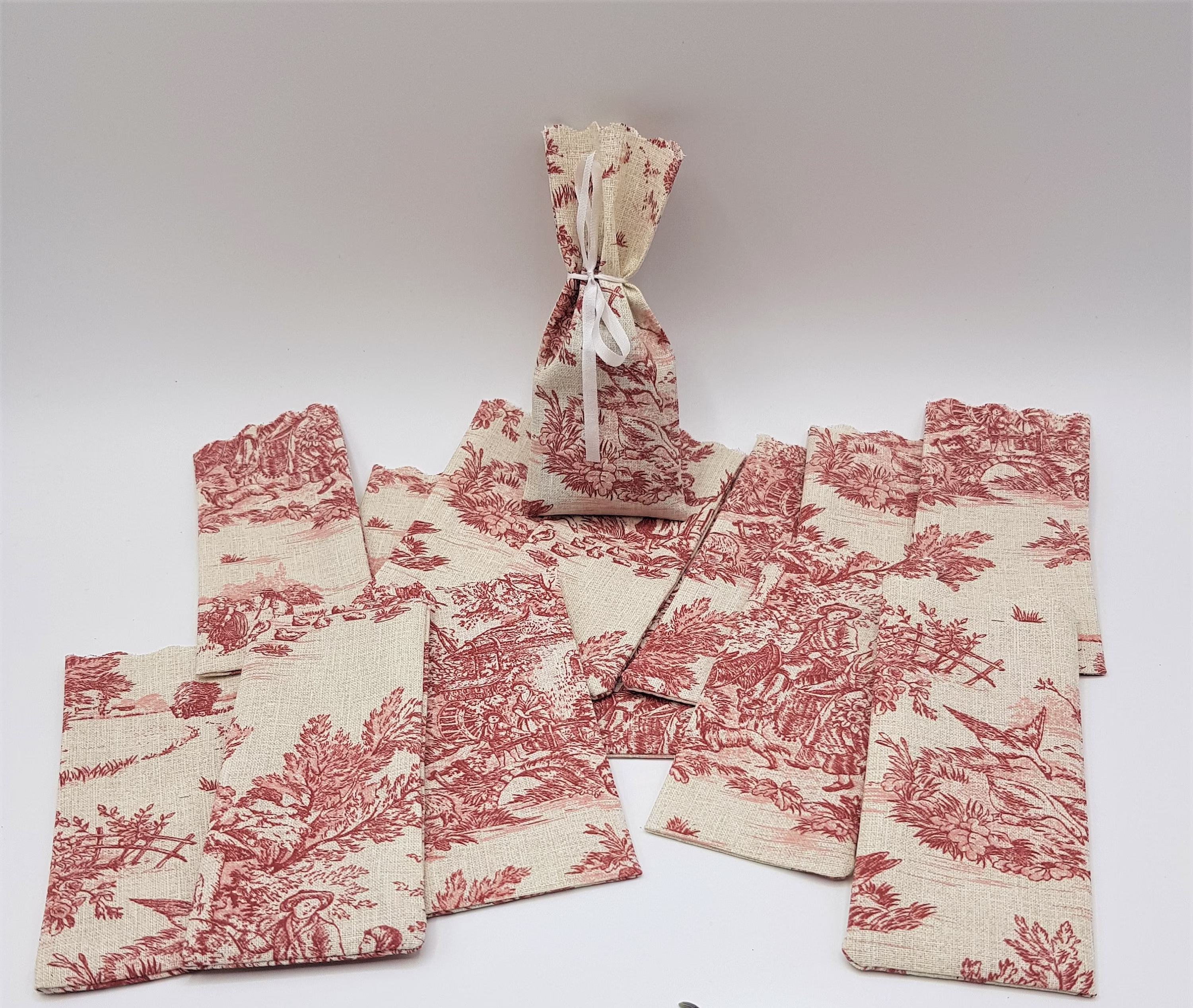 Mini Sachets - Fill Your Own Red Toile De Jouy -Cotton French Country Pastoral Scene -Wedding Baby Shower Baptism 10