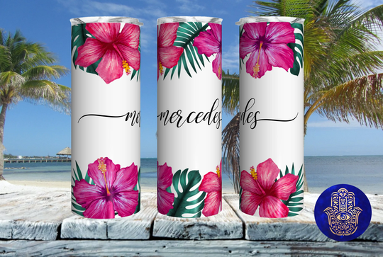 Tropical Skinny Stainless Steel Tumbler Personalized. Fake Ice Cube Topper Lid Available