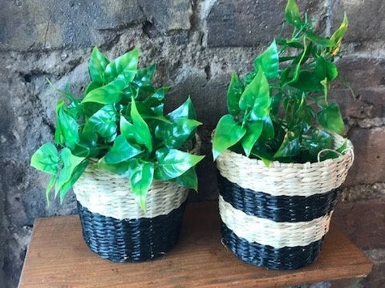 Mini Black Striped Seagrass Planters - Set Of Two