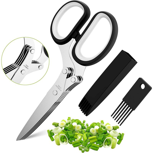 Herb Scissors Set with 5 Blades and Cover - Stainless Steel Kitchen Chopping Shear - Black