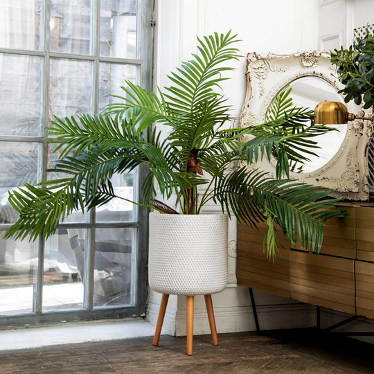 White Honeycomb Patterned Cylinder Concrete Stone Indoor Tripod Pot Planter W Wooden Legs Modern Interior Decor For Faux Or Real Plants