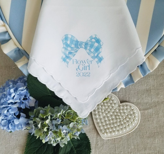 Powder Blue Gingham Bow Printed Handkerchief Gift For Flower Girl, Jr Bridesmaid Or