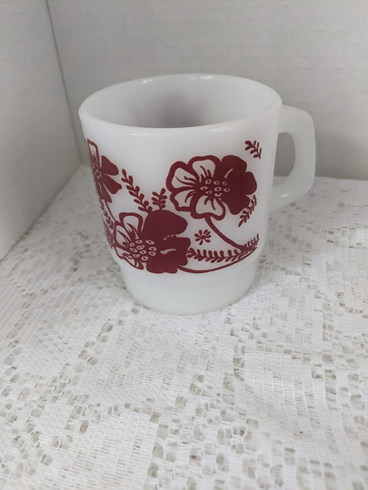 Red Hibiscus Flower Milk Glass Mug Anchor Hawkins Pyrex Floral Coffee Mugs Fire King Gift Vintage White