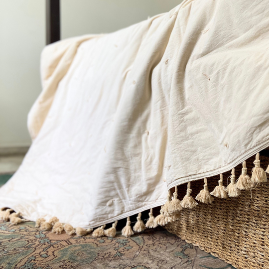 Quilted Bedspread, Organic Cotton Reversible Tasseled Quilt, Bohemian Decor, Warm Cozy Bedding, Christmas Present, King Size