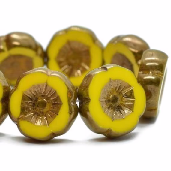 Hawaiian Hibiscus Flower Beads Dandelion With A Bronze Finish Czech Table Cut Glass Carved Coin 12mm 12 Beads
