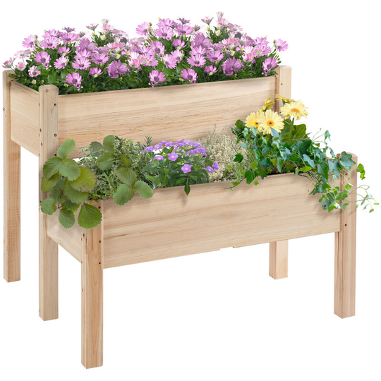 2-Piece Solid Fir Wood Plant Raised Bed Garden Step Planter Stand - Natural - Outsunny