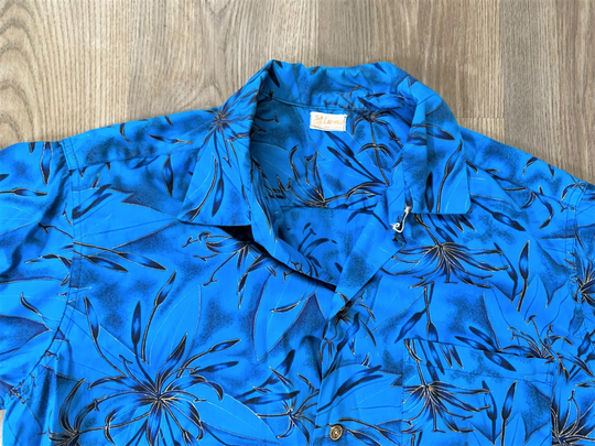 Vintage 50S Lau-Hale Blue Floral Hawaiian Shirt Large