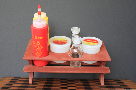 Picnic Table Condiment Set For Vintage Retro Toppings. Miniature Table, Salt, Pepper, Ketchup, Mustard, Onions, Relish. Centerpiece Dinner