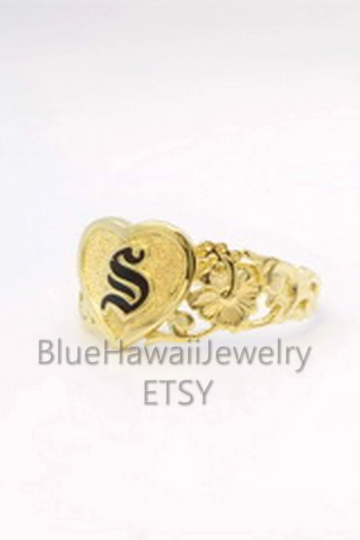 10mm Heart Hawaiian Hibiscus Princess Ring 14Ky Gold Old English Font Black Letter Made To Order