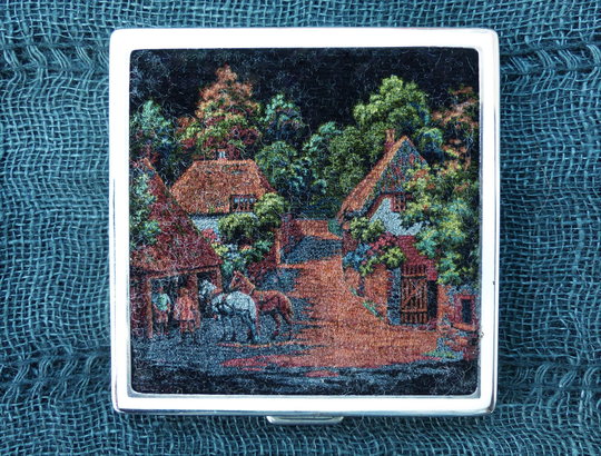 Vintage 1950S Square Powder Compact With Felt Village Scene, With Original Sifter & Puff