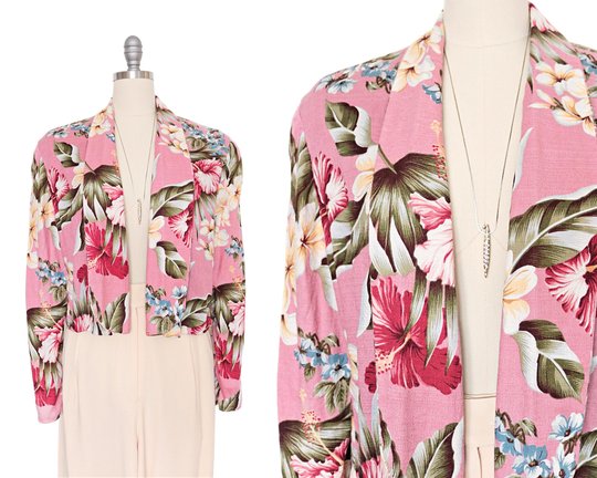 Vintage Rose Pink Multicolor Tropical Cropped Blazer Jacket | Size M/L