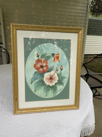Vintage Pink Hibiscus Art , Gold Framed Art, Frames, Ornate Hibiscus, Hibiscus. Bathroom Decor