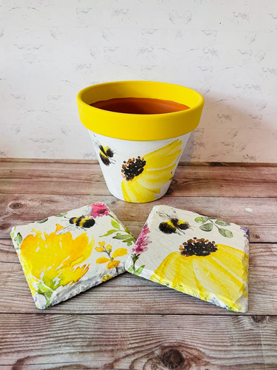 Bumblebee Flower Pot, Bee Plant Coasters, Themed Home Decor, Decorations, Flowers & Bees
