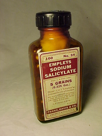 C1940S 100 No. 34 Emplets Sodium Salicylate Parke, Davis & Co. Detroit, Michigan, Screw Top Medicine Bottle With Paper Label & Contents