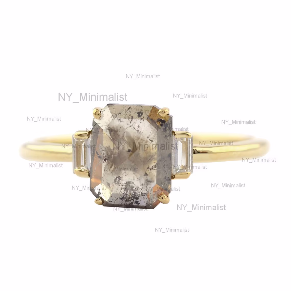 Baguette Pepper Salt Diamond Ring Rough Solid 18K Yellow Gold Grey Certified Promise