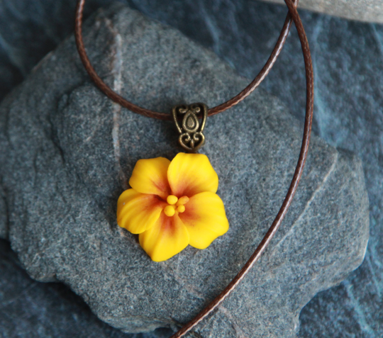 Yellow Flower Necklace -Polymer Clay Floral Pendant - Hibiscus Jewelry