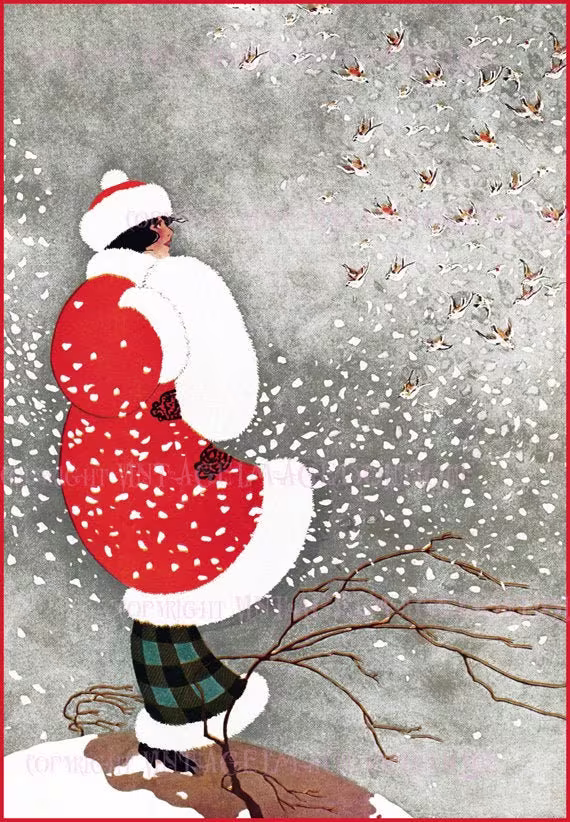 Antique 1920's Art Deco Winter Fashion Scene Of A Woman Watching Sparrows in Snow Christmas Season Solstice Holiday 5x7 Greeting Card