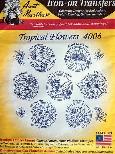 Tropical Flowers Aunt Martha's 4006 Hot Iron Transfer Embroidery Pattern 2000S