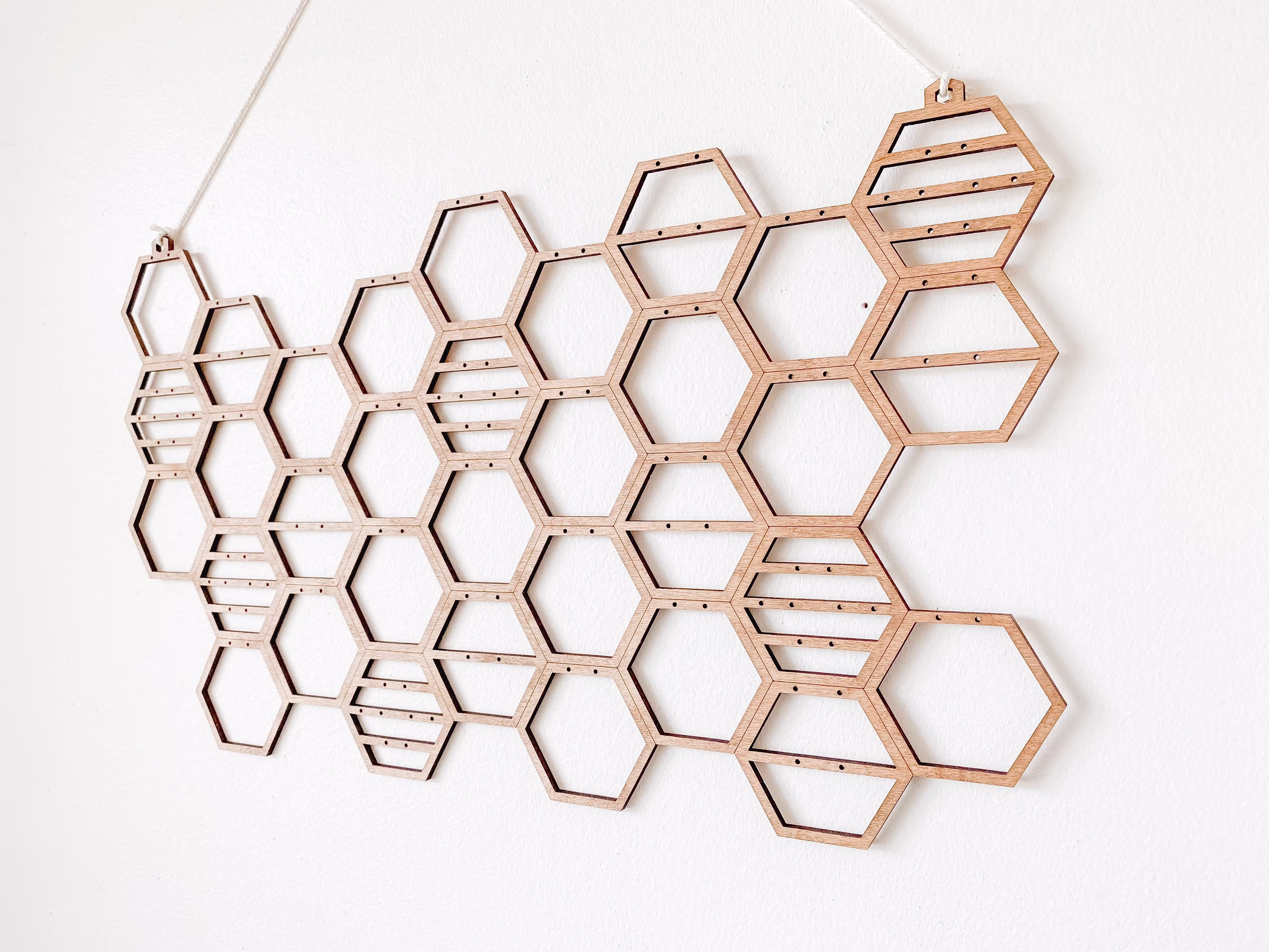 Hanging Jewelry Organizer, Wood Earring Holder Display, Honeycomb Necklace Display