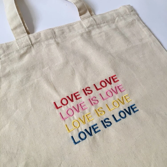 Love Is Love Rainbow Embroidered Organic Cotton Tote Bag, Shopping Market Pride, Lgbt, Gift, Christmas, Present