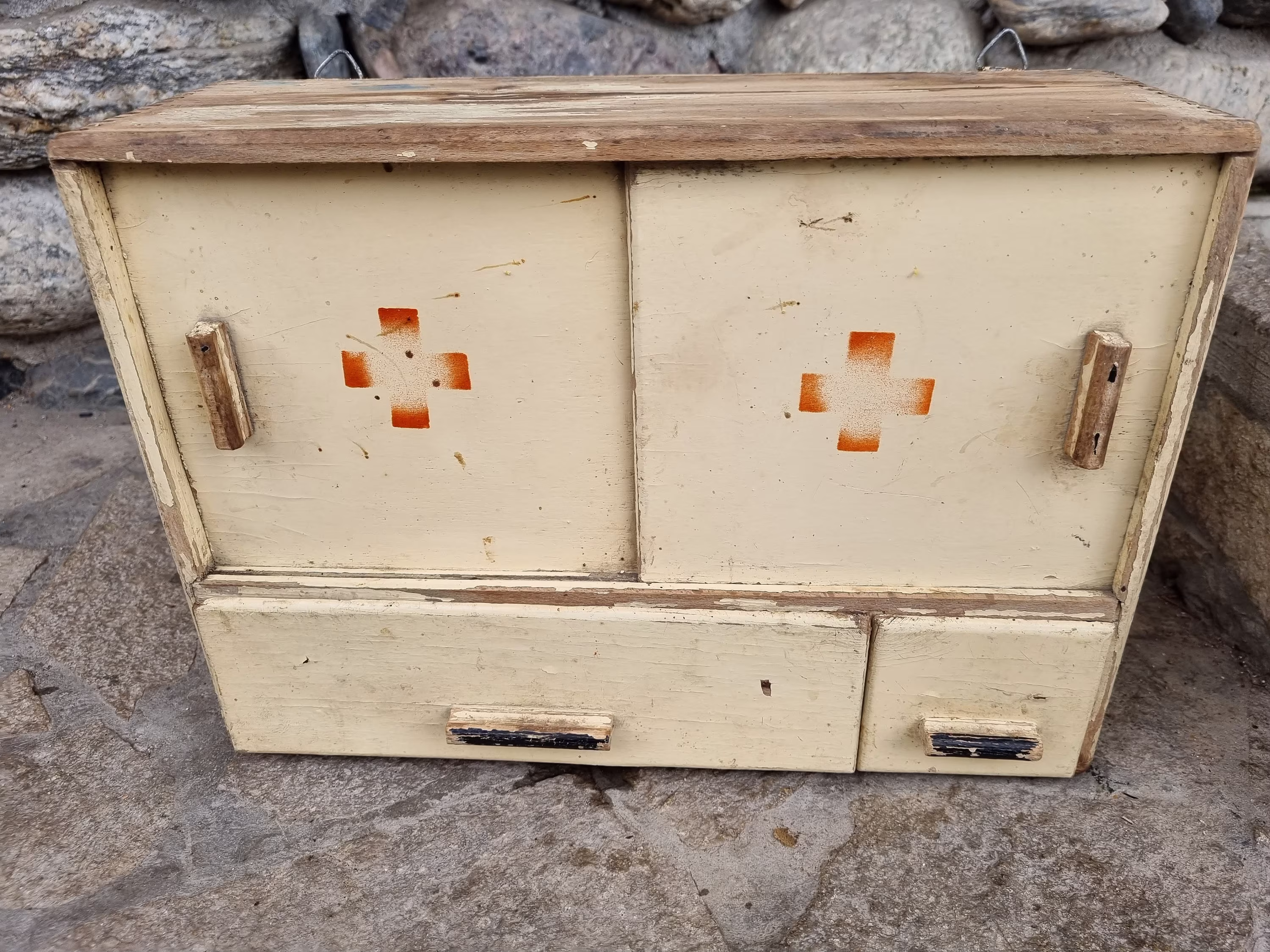 Vintage Old Wooden Medicine Cabinet - Medical Locker Old Pharmacy Wall Hanging Box Wooden With Red Cross