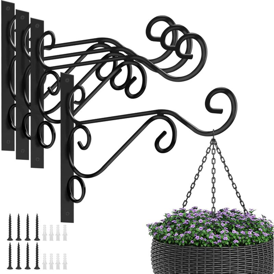 Devenirriche - Set of 4 Outdoor Iron Plant Wall Hooks - For Planters, Bird Feeders, Lanterns, Wind Chimes - Black