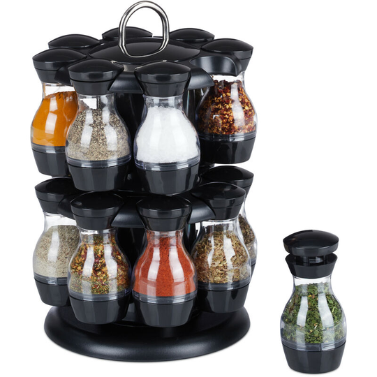 Spice Carousel, 16 Transparent Herb Jars, Rack 360° Rotatable, HxØ: 29 x 19 cm, made of Plastic, Black/Silver - Relaxdays