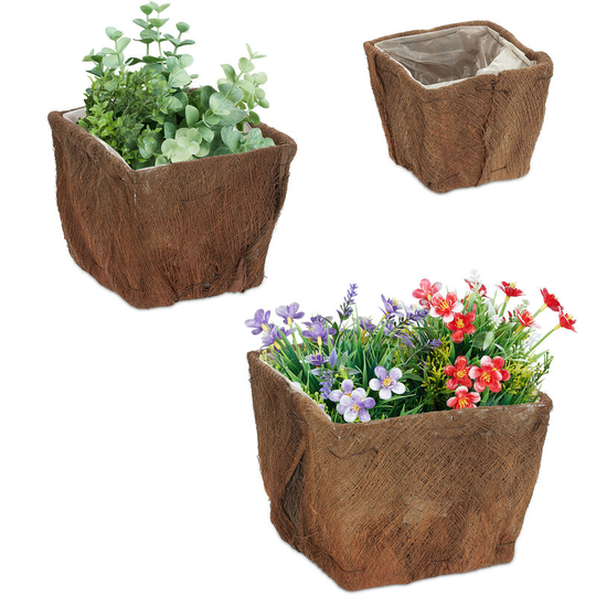 Relaxdays - Flowerpot Set of 3, Coconut Fibre, Square, 3 Sizes, Garden, Balcony & Windowsill, Planter with Foil, Natural