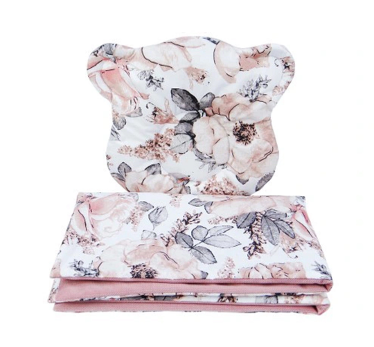 2 Pcs Flat Pillow + Blanket /Flowers & Powder Pink Velvet/Dubblesided Cotton And
