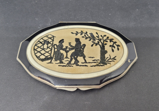 Powder Compact Art Deco Rowenta Black Enamel Embroidered Tapestry Courting Couple 1930S
