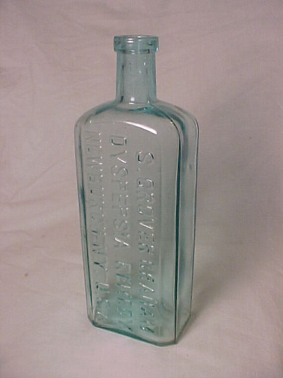 C1880S S. Grover Graham Dyspepsia Cure Newburgh, N.y., Aqua Blown Glass Pharmacy Apothecary Druggist Patent Medicine Bottle