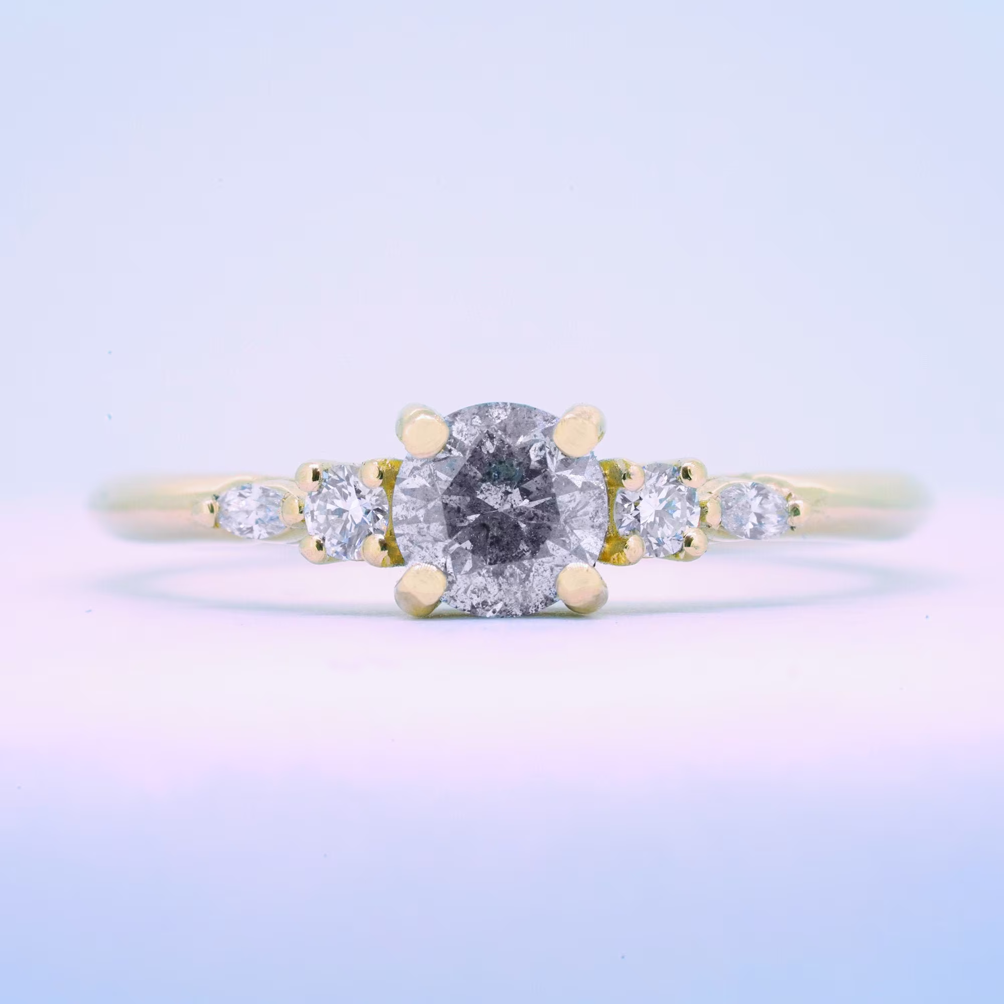 Salt & Pepper Diamond Engagement 5 Stone Ring in Rose/White/Yellow Gold Handmade For Her